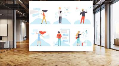 Man and Woman Character Using Wireless Digital Technology Vector Set Wall mural