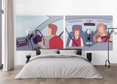 Man and Woman Driving Car Sitting at Driver Seat of Motor Vehicle Holding Hands on Steering Wheel Inside View Vector Set Wall mural