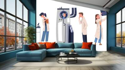 Man and Woman Scientist Character in White Coat Examining Graph and in Microscope Vector Set Wall mural