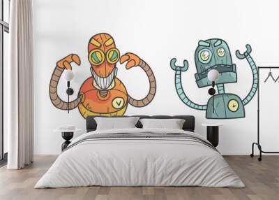 Metal Robot with Different Emotions as Cartoon Mechanical Android in Outline Style Vector Set Wall mural