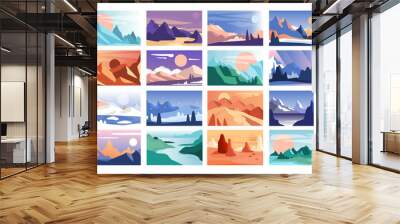 Mountain landscape set, scenes of nature in different time of year and day vector Illustration Wall mural