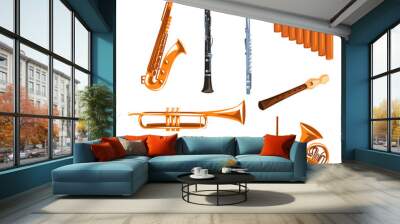 Musical wind instruments set, saxophone, clarinet, trumpet, trombone, tuba, pan flute vector Illustrations i on a white background Wall mural