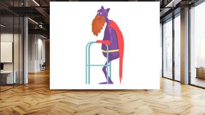 Old bearded superhero with paddle walker. Grandfather character in classic hero costume with mantle, gloves and mask with funny ears. Isolated flat vector Wall mural