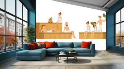 People Characters Spending Time in Sauna Vector Illustrations Wall mural