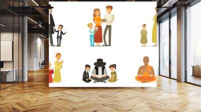 People of Different Religions Collection, Happy Families in Traditional Clothes Praying and Reading Religious Books Vector Illustration Wall mural