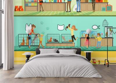 Pet shop horizontal banners set, people buying pets, aquarium fish, food for animals, cage, accessories for care Wall mural