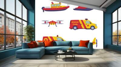 Rescue Equipment with Specialized Machine and Emergency Vehicle for Urgent Saving of Life Vector Set Wall mural