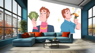 Rich and Wealthy Man Character Lighting Cigar from Dollar Banknote and Holding Cash Vector Set Wall mural