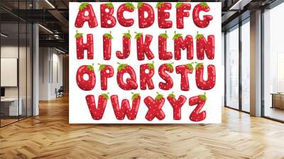 Ripe fresh strawberry English alphabet, bright red berry font vector Illustrations on a white background Wall mural