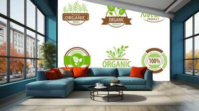 Round eco green stamp label of healthy organic natural fresh Wall mural