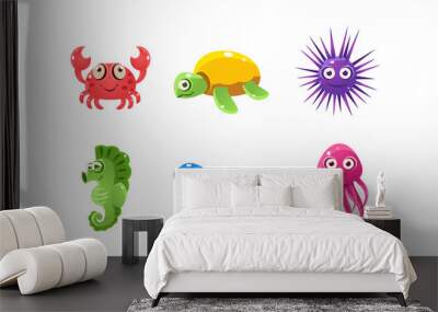 Set of cartoon sea creatures with funny faces. Marine animals. Flat vector for mobile game of children book Wall mural