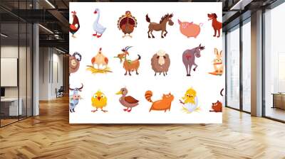 Set of farm animals. Livestock and poultry. Various domestic birds, horses, pig, rabbit, sheep, cats and dogs. Colorful flat vector design Wall mural