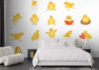 Set of funny yellow chicken in various situations. Cartoon character of little farm bird. Isolated flat vector design for postcard, sticker or children s book Wall mural