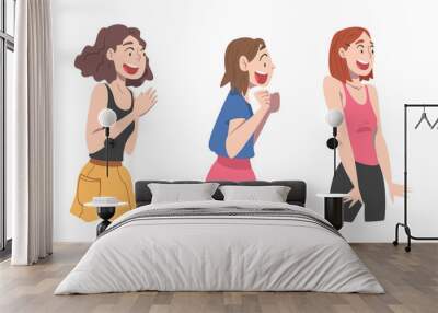 Set of happy girls showing various positive emotions. Funny joyful teenage girls cartoon vector illustration Wall mural