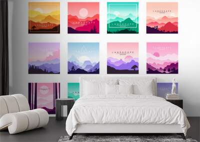 Set of minimalistic flat original landscapes design with mountains, hills, forest. Vector collection of nature backgrounds with gradients. Wall mural