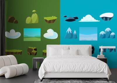 Set of nature materials for mobile arcade game. Blocks with snow and grass, clouds, stones, bridge, mountains, hill with tree. Flat vector design for gaming interface Wall mural