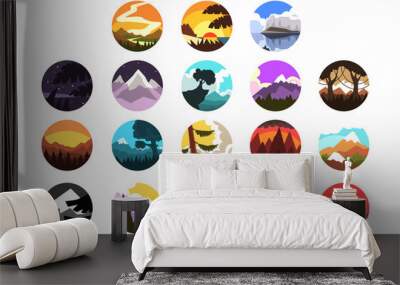 Set of wild nature round landscape, mountain l scenery at different times of day vector illustrations Wall mural