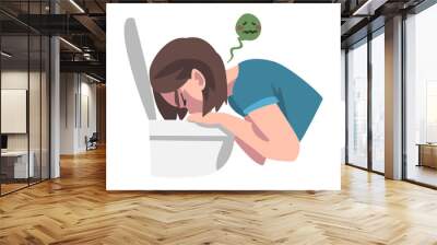 Sick Young Woman Vomiting into Toilet Bowl, Symptom of Heart Stroke Cartoon Vector Illustration Wall mural