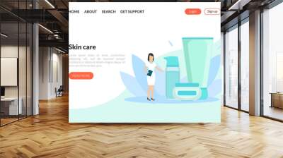 Skin Care Landing Page Template, Beauty Salon and Care Cosmetics Web Page, Mobile App, Homepage Vector Illustration Wall mural