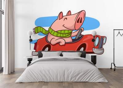 Smiling pig riding red car. Cute humanized animal. Funny cartoon character. Vector design Wall mural