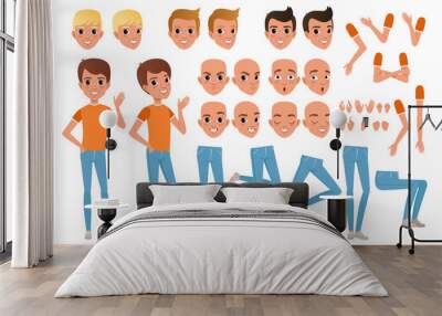 Teenager boy character constructor. Set of various male emotion faces, hairstyles, hands, gestures and legs. Flat design vector illustration Wall mural