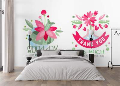 Thank You so Much Logo Original Design Set, Good Day Hand Drawn Labels Vector Illustration Wall mural