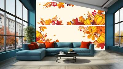 Thanksgiving background with space for text, horizontal banners with autumn leaves and pumpkins, berries of rowan and aronia vector Illustration Wall mural