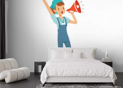 volunteer girl standing and loudly screaming in megaphone. cartoon teenager character in blue t-shir Wall mural