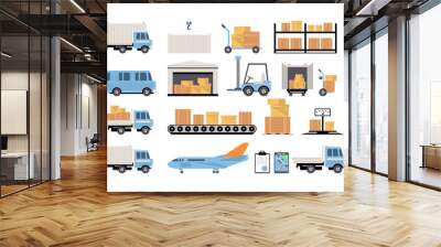 Warehouse and logistic set, shelves with goods, delivery truck, airplane, scales, cardboard boxes, delivery and storage concept vector Illustrations on a white background Wall mural