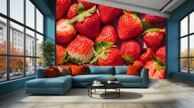  This image features a close-up of a large quantity of fresh strawberries, showcasing their vibrant red color and textured surface. The image evokes a sense of abundance, freshness, and summer. It cou Wall mural