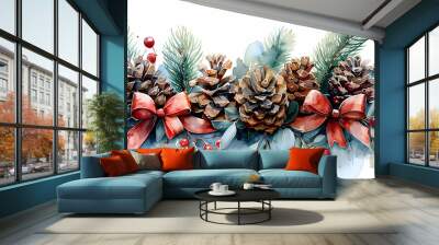 A festive arrangement featuring pine cones, green fir branches, and red ribbons, evoking a cheerful holiday spirit. Wall mural