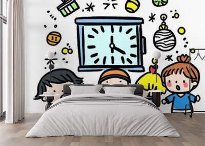 Colorful illustration of happy children celebrating around a clock at midnight. Wall mural