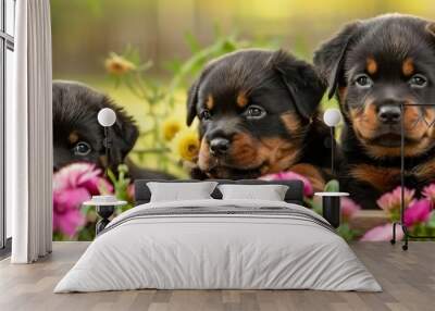 cute Rottweiler puppies among flowers. close up  Wall mural