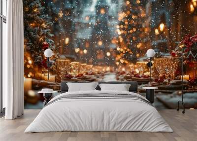 Enchanting winter holiday table setting with sparkling lights and festive decor. Wall mural