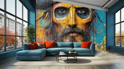 Vivid portrait of a pirate with a skull hat, painted on wooden planks. Wall mural