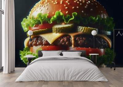 a hamburger with a lot of ingredients falling out of it on a black background  Wall mural