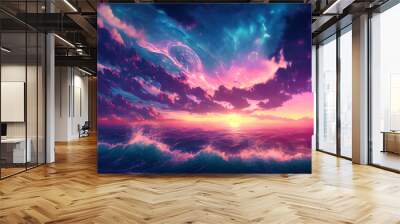 Anime style beautiful sunset at sea with dramatic clouds and waves. Purple, blue and pink colors. Generative AI. Wall mural