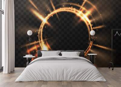 Bright golden flash. Explosion or blast wave. Rotating rings with shine rays. Solar light effect Wall mural