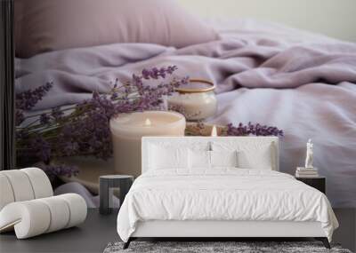 Lavender scented candle with flowers on a lavender background against a modern minimalist backdrop. Wall mural