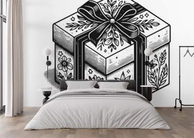 Beautifully decorated gift box with floral patterns in ink drawing style. Raster, generative ai. Wall mural