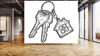 Bunch of keys with a keychain house. Sketch scratch board imitation. Wall mural