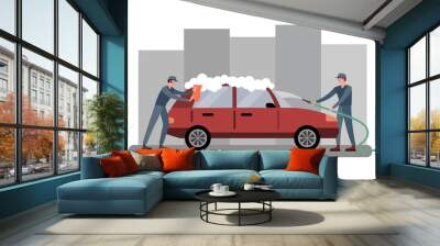 Car wash, two employees wash the automobile in red. In minimalist style Cartoon flat Vector Wall mural