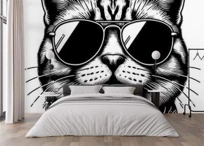 Cat wearing sunglasses, detailed black and white artwork on white background. Vector, generative ai. Wall mural