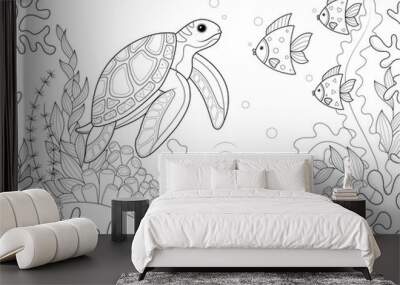 Sea turtle swims among algae and other fish. Coloring book, raster children illustration. Wall mural