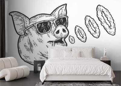 The pig smokes and blows smoke rings. Sketch scratch board imitation. Wall mural