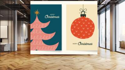 Retro Modern Christmas Card Design with hand drawn illustrations and paper cutouts. Whimsical illustrations for Winter Holidays in retro pastel colors. Wall mural