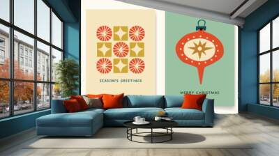 Retro Modern Christmas Card Designs with hand drawn illustrations and paper cutouts. Whimsical illustrations for Winter Holidays in retro pastel colors. Wall mural