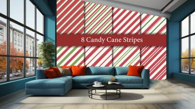 Set of 8 Christmas stripes seamless patterns in traditional red and green colors. Diagonal stripes, candy cane stripes. Wall mural