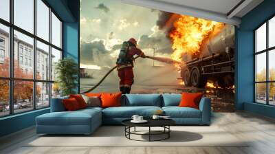 Fire fighters at work, Firefighters in action to fighting with the fire flame from oil tanker truck. Wall mural