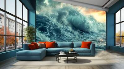 Powerful wave in the ocean with overcast sunset sky nature water background. Wall mural